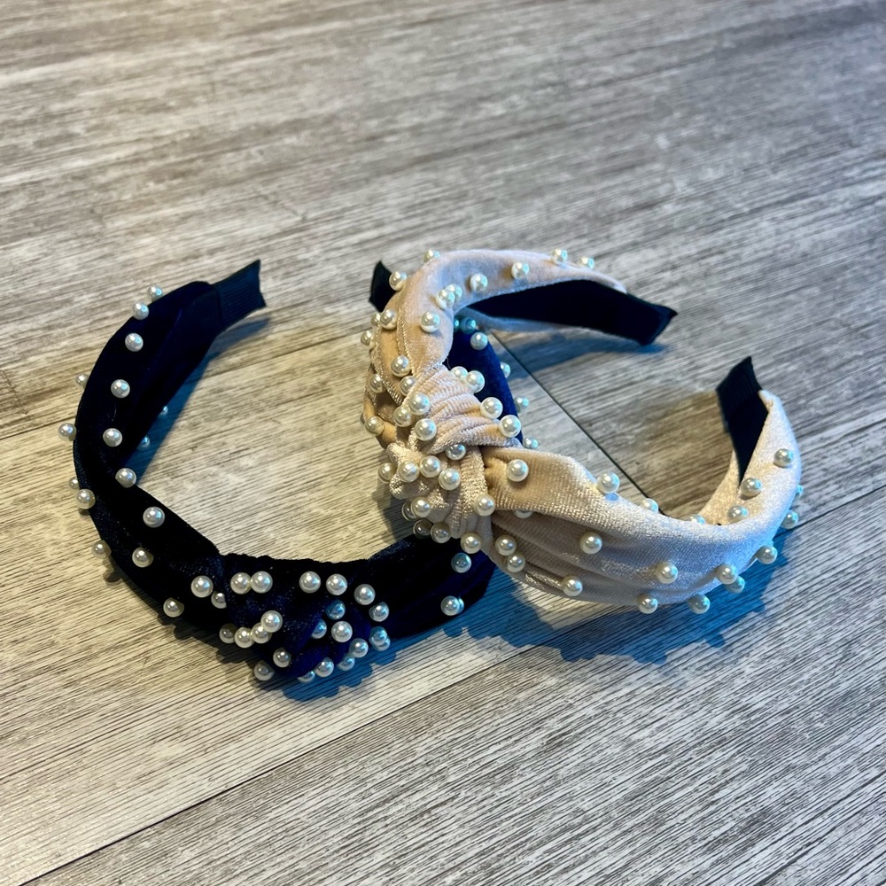 Velvet Wrapped Pearl-Embellished Headbands - Cream & Navy Blue
